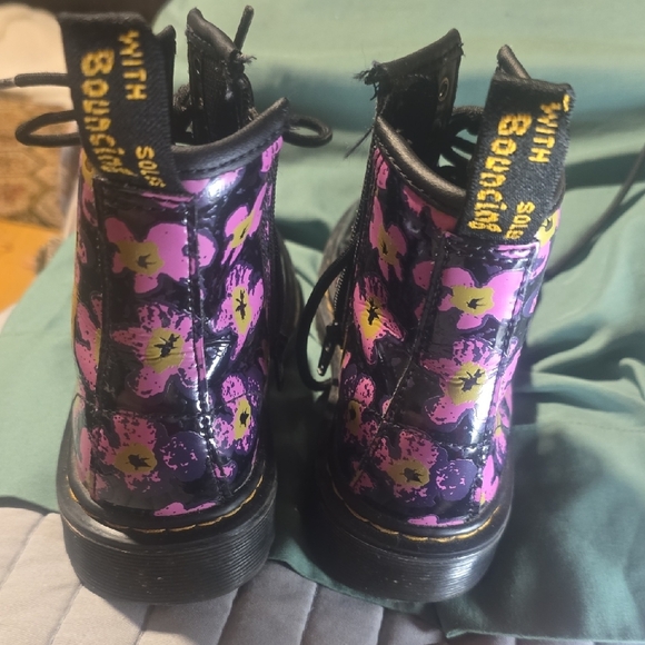 Dr. Martens Black Lace-Up Combat Boots with Pink and Yellow Floral Print - Picture 3 of 5